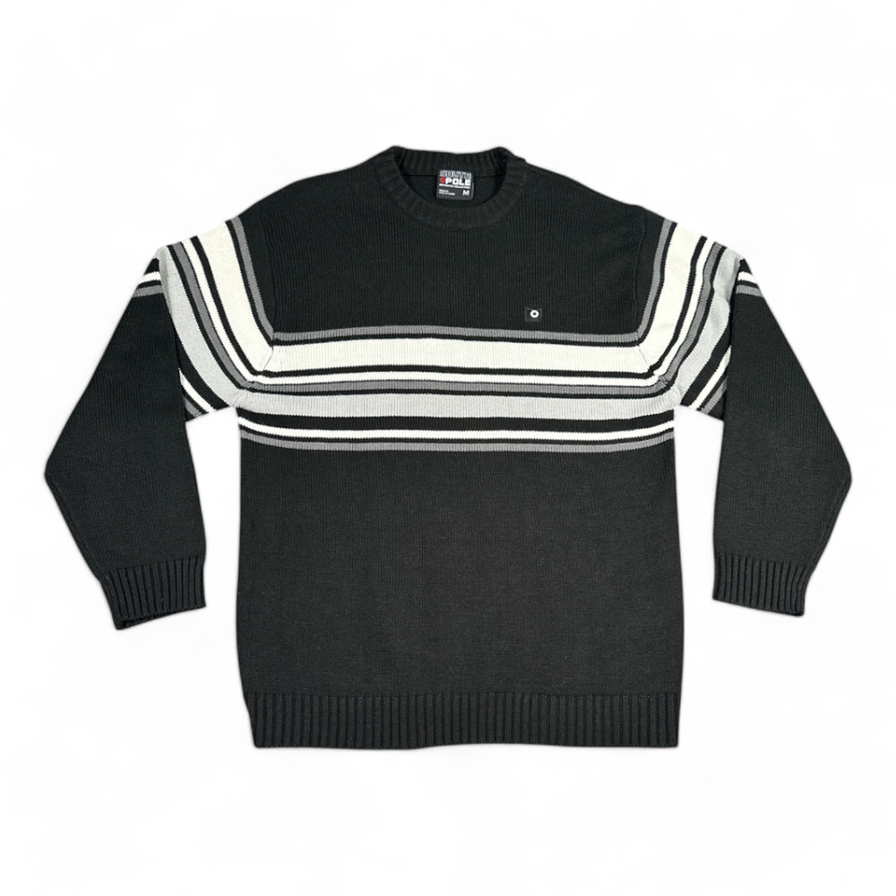 Vintage Southpole Sweater Adult MEDIUM Black White Gray Striped Inlay Ribbed Y2K
